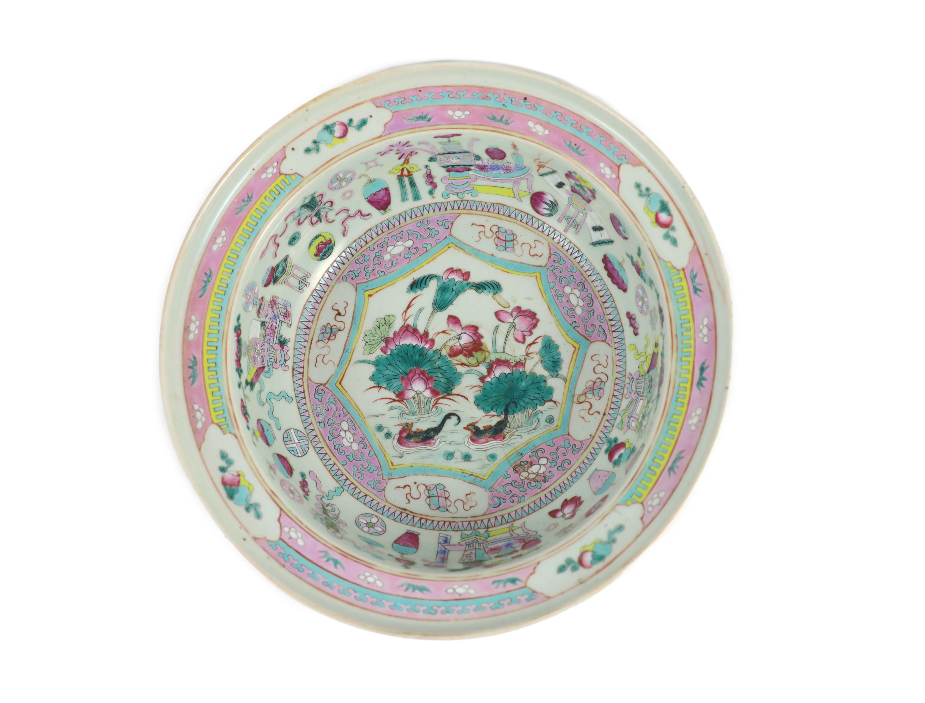 A Chinese famille rose wash basin, mid 19th century, 37.5 cm diameter, over-glazed firing crack